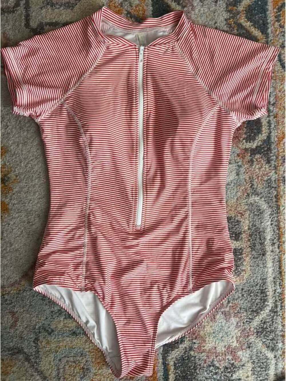 Sea Level Swim Red and White Striped Short Sleeve One Piece Rash Guard Size US 8